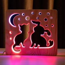 Світильник нічник ArtEco Light з дерева LED "Кіт та собачка" з пультом та регулюванням кольору, подвійний RGB