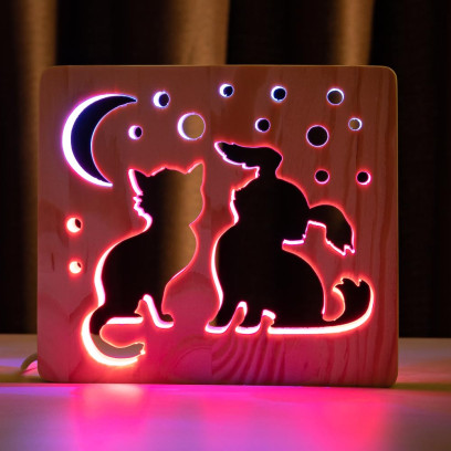 Світильник нічник ArtEco Light з дерева LED "Кіт та собачка" з пультом та регулюванням кольору, подвійний RGB, 1020356