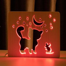 Світильник нічник ArtEco Light з дерева LED "Кіт та мишка під місяцем" з пультом та регулюванням кольору, RGB