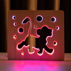 Светильник ночник ArtEco Light из дерева LED "Веселый львенок" с пультом и регулировкой цвета, двойной RGB