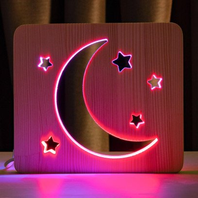 Світильник нічник ArtEco Light з дерева LED "Місяць і зірки" з пультом та регулюванням кольору, подвійний RGB, 1021464