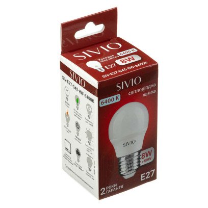 LED лампа Е27 G45 8W холодна біла 6400К SIVIO, 1022687