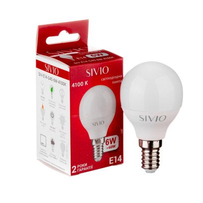 LED лампа Е14 G45 6W біла нейтральна 4100К SIVIO, 1012798