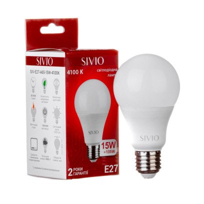 LED лампа Е27 А65 15W біла нейтральна 4100К SIVIO, 1018549