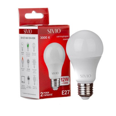 LED лампа Е27 А60 12W біла тепла 3000К SIVIO, 1020855