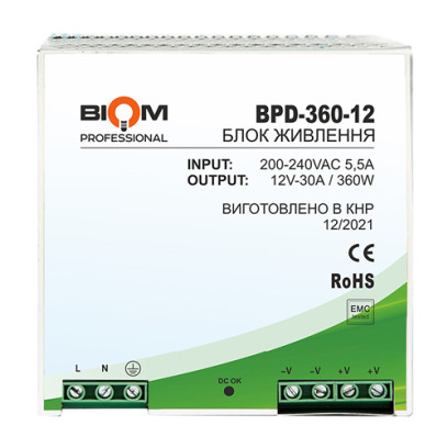 Блок питания Biom Professional DC12 360W BPD-360-12 30A под DIN-рейку, 00-00021774
