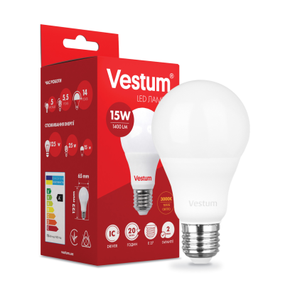 Лампа LED Vestum A65 15W 3000K 220V E27, 1-VS-1102