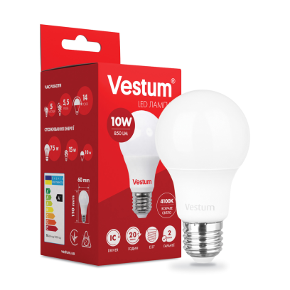 Лампа LED Vestum A60 10W 4100K 220V E27, 1-VS-1105