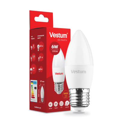 Лампа LED Vestum C37 6W 3000K 220V E27, 1-VS-1302