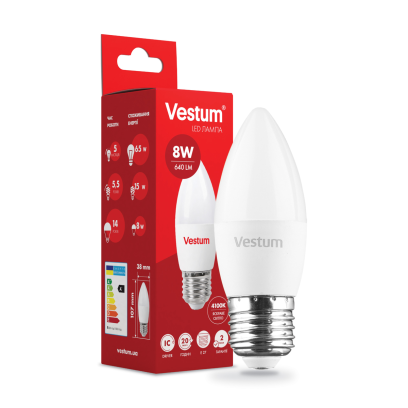 Лампа LED Vestum C37 8W 4100K 220V E27, 1-VS-1309