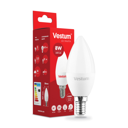 Лампа LED Vestum C37 8W 4100K 220V E14, 1-VS-1311