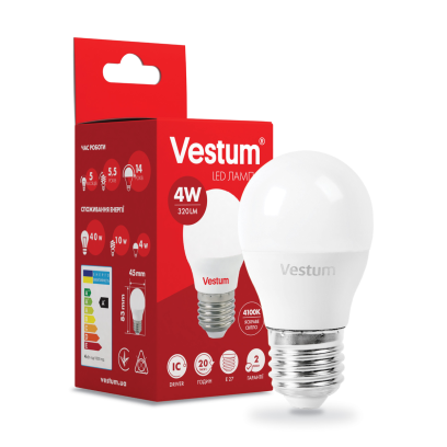 Лампа LED Vestum G45 4W 4100K 220V E27, 1-VS-1205