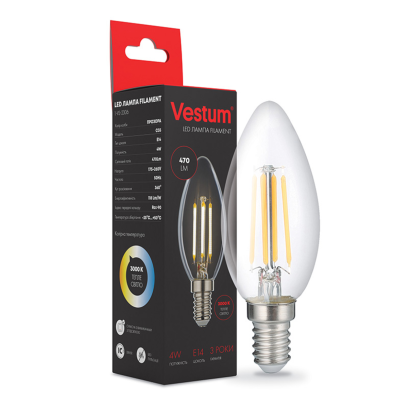 Лампа LED Vestum филамент С35 Е14 4Вт 220V 3000К, 1-VS-2306