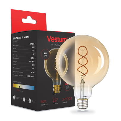 Філаментна лампа Vestum "вінтаж" golden twist G95 Е27 6Вт 220V 2500К 1-VS-2507, 1-VS-2507