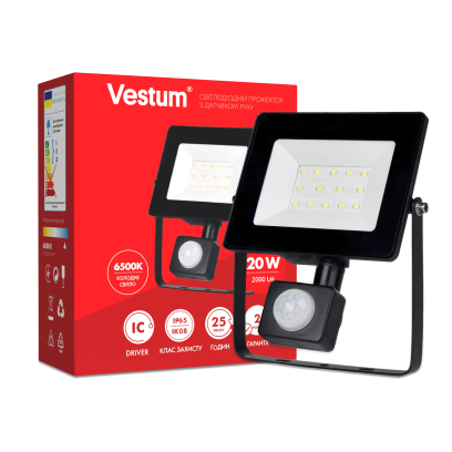 Світлодіодний прожектор з датчиком руху Vestum 20W 2 000Лм 6500K 175-250V IP65 1-VS-3010, 1-VS-3010
