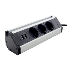 Меблева розетка kitchen (горизонтальна) 3 x 16 А, 2 x USB 2,4 А, метал + провід 3 x 1.5 mm²