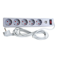 Мережевий фільтр 5 гнізд із заземленням, 3 м, 2USB, захисні шторки Сірий