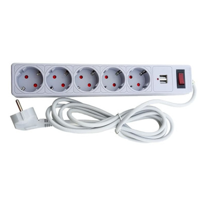 Сетевой фильтр 5 гнезд с заземлением, 3 м, 2USB, защитные шторки Серый, EH-NFGU-5.3