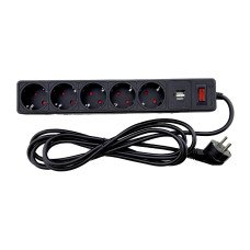 Мережевий фільтр 5 гнізд із заземленням, 3 м, 2USB, захисні шторки Чорний