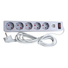 Сетевой фильтр 5 гнезд с заземлением, 3 м, 2USB, защитные шторки Серый