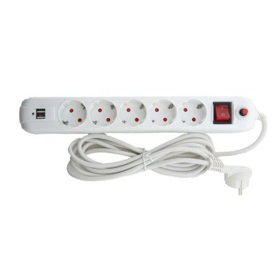 Подовжувач 5 гнізд із заземленням, 3 м, 2USB, з кнопкою перевантаження та вимикачем Білий, EH-NFW-5.3ex