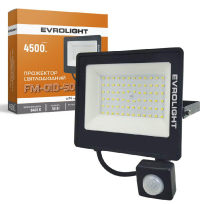 Прожектор светодиодный с датчиком движения EVROLIGHT FM-01D-50 50W 6400К, 000057051