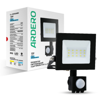 Світлодіодний прожектор Ardero LL-2010ARD 10Вт 6500K з датчиком руху чорний, 7843