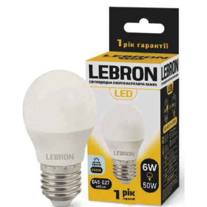 LED лампа LEBRON L-G45, 6W, 220V, Е27, 6500K, 480Lm, 11-12-51