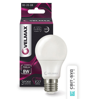 LED лампа VELMAX V-A60, 8W, E27, 4100K, 800Lm, кут 240° ., 21-11-18
