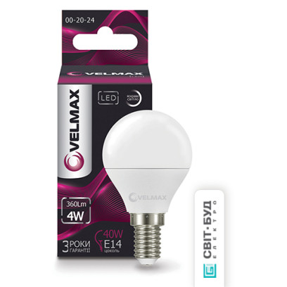 LED лампа VELMAX V-G45, 4W, 220V, E14, 4100K, 360Lm, EMC, 21-12-12