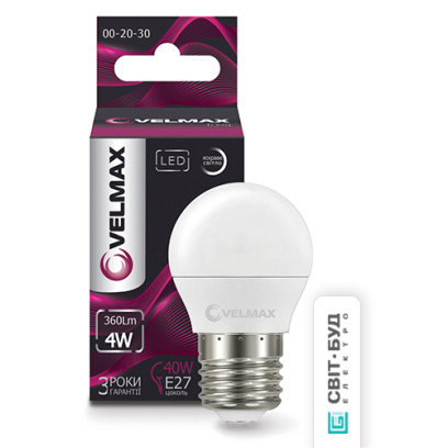 LED лампа VELMAX V-G45, 4W, 220V, E27, 4100K, 360Lm, EMC, 21-12-42