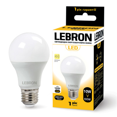 LED лампа LEBRON L-A60, 10W, Е27, 4100K, 900Lm, акустичний датчик, 11-11-82