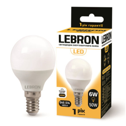 LED лампа LEBRON L-G45, 6W, 220V, Е14, 4100K, 480Lm, 11-12-20