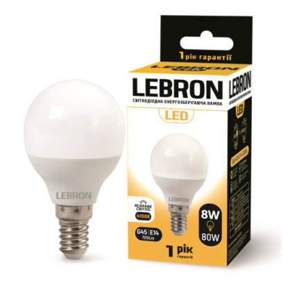 LED лампа LEBRON L-G45, 8W, 220V, Е14, 4100K, 720Lm, 11-12-28