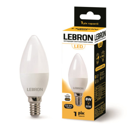 LED лампа LEBRON L-С37, 8W, 220V, Е14, 4100K, 720Lm, 11-13-28