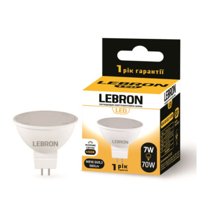 LED лампа LEBRON L-MR16, 7W, 220V, GU5,3, 4100K, 560Lm, 11-14-34