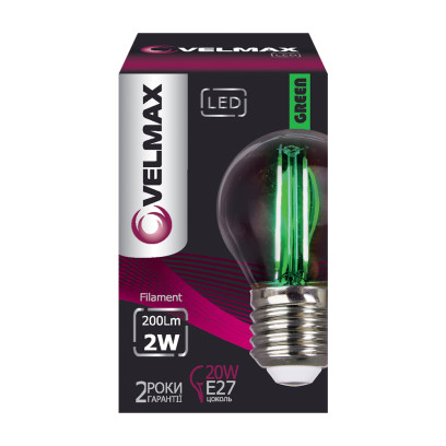 LED лампа VELMAX V-Filament-G45, 2W, E27, зеленая, 200Lm, 21-41-33