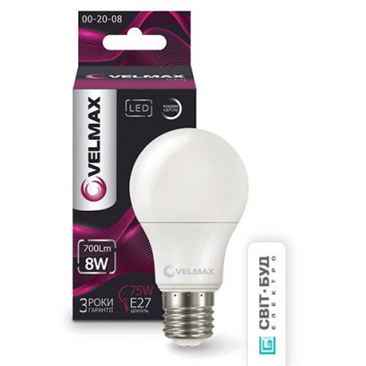 LED лампа VELMAX V-A60, 8W, E27, 4100K, 800Lm, кут 240° ., 21-11-18