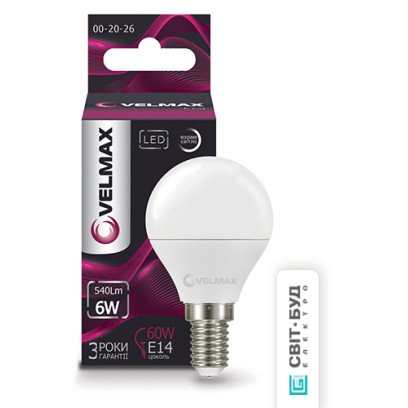 LED лампа VELMAX V-G45, 6W,220V, E14, 4100K, 540Lm, EMC, 21-12-20