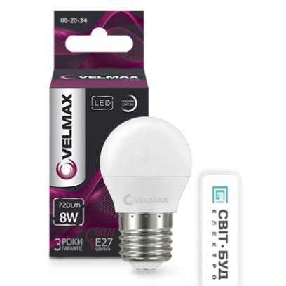 LED лампа VELMAX V-G45, 8W, 220V, Е27, 4100K, 720Lm, EMC, 21-12-62