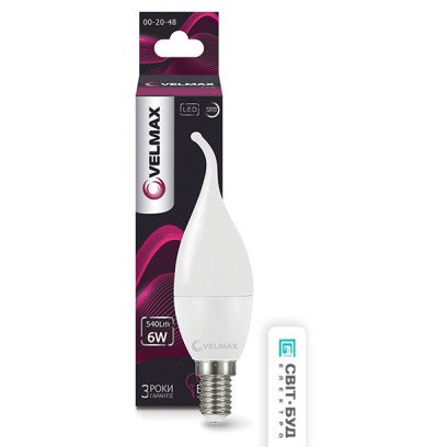 LED лампа VELMAX V-C37t, 6W, 220V, E14, 4100K, 540Lm, EMC, 21-13-24