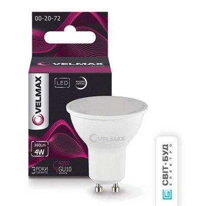LED лампа VELMAX V-MR16, 4W, 220V, GU10, 4100K, 360Lm, 21-14-64