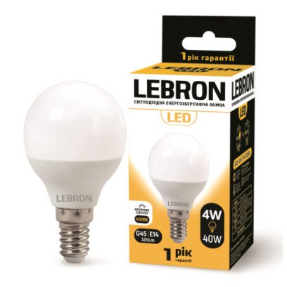 LED лампа LEBRON L-G45, 4W, 220V, Е14, 4100K, 320Lm, 11-12-12