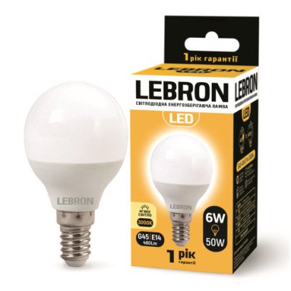 LED лампа LEBRON L-G45, 6W, 220V, Е14, 3000K, 480Lm, 11-12-19