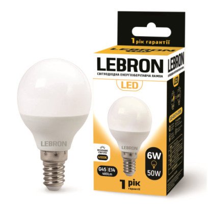 LED лампа LEBRON L-G45, 6W, 220V, Е14, 4100K, 480Lm, 11-12-20