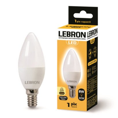 LED лампа LEBRON L-С37, 8W, 220V, Е14, 3000K, 720Lm, 11-13-27