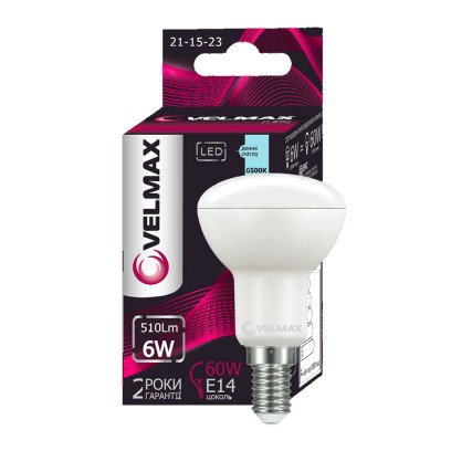 LED лампа VELMAX V-R50, 6W, 220V, E14, 6500K, 510Lm, ЭМС, 21-15-23