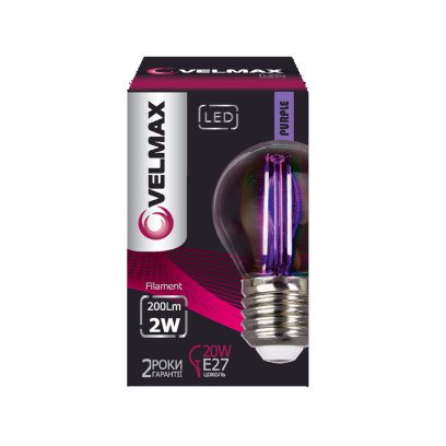 LED лампа VELMAX V-Filament-G45, 2W, E27, фіолетовий, 200Lm, 21-41-36