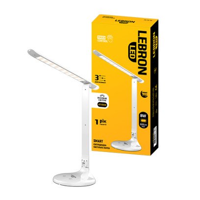 LED лампа настільна LEBRON L-TL-L, 8W, 4100K, 3 рівня по-сті, нічник, біла, з блоком живлення, 15-13-10