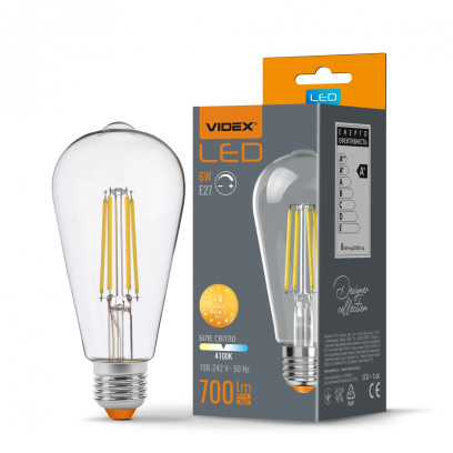 LED лампа VIDEX Filament ST64FD 6W E27 4100K  дімерна, VL-ST64FD-06274